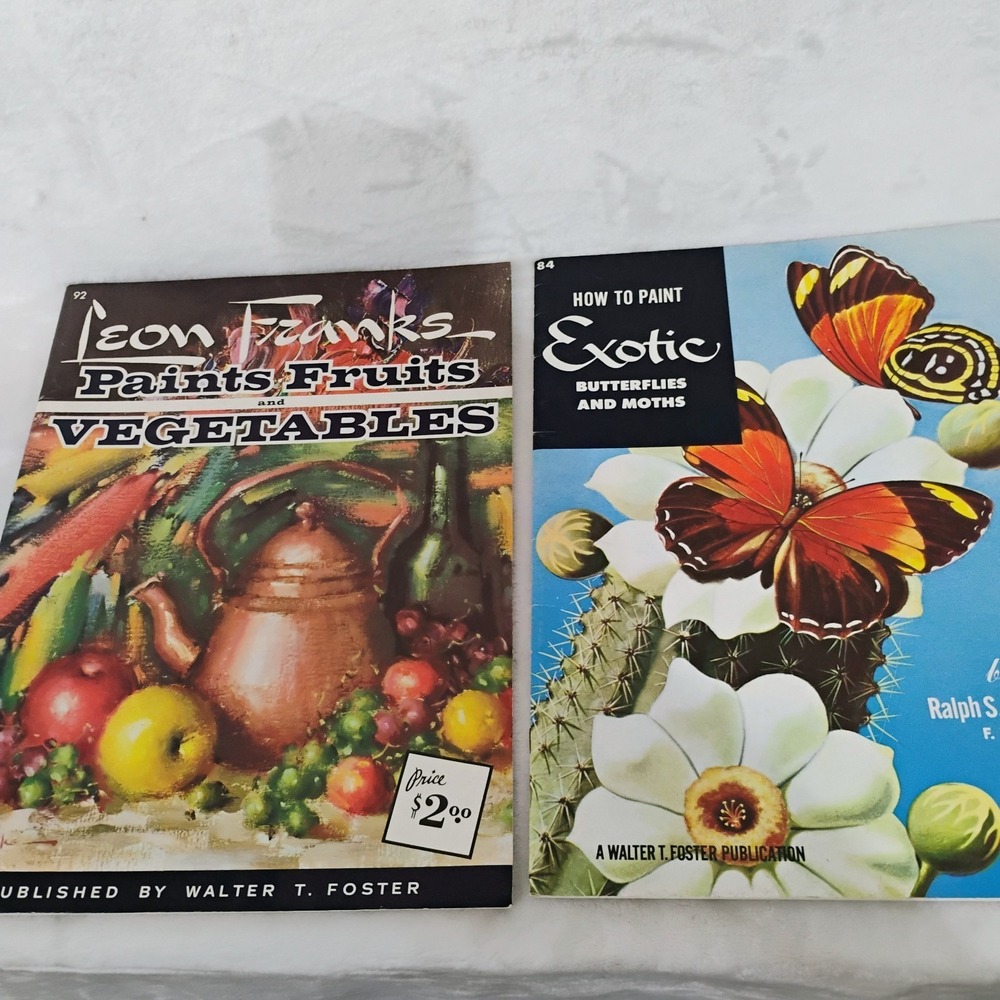 2 Vtg Walter T Foster How To Paint Exotic Butterflies Moths Fruit‎ Book Lot